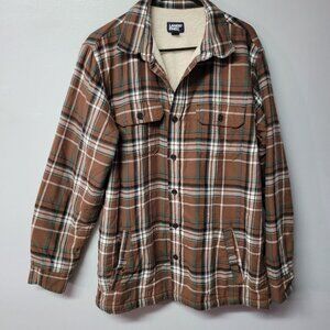 Lands End Sherpa Lined Flannel Shirt Button Down Mens Medium 38 40 Brown Fall